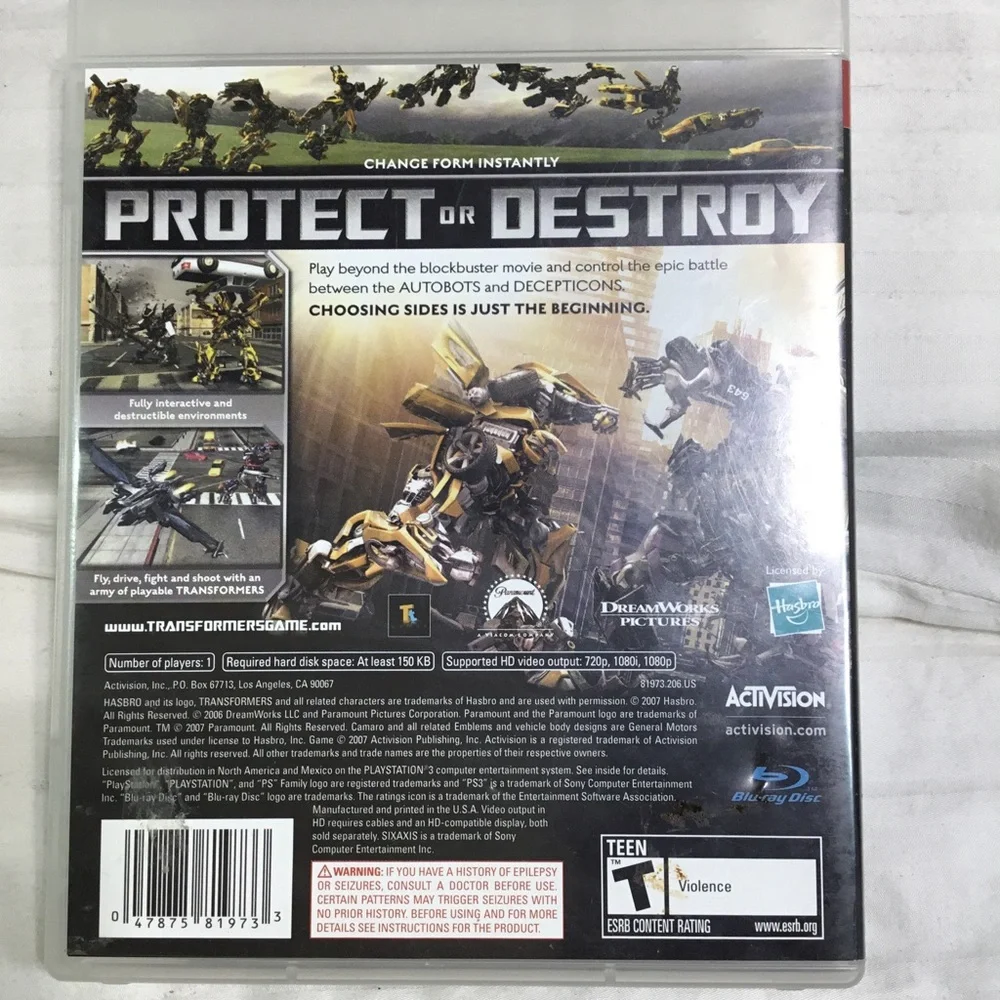 PS3 Transformers the Game, 1 player, be Autobot or Decepticon, fly/drive/shoot